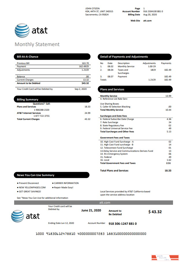 USA Texas AT&T easy to fill utility bill template in Word and PDF format